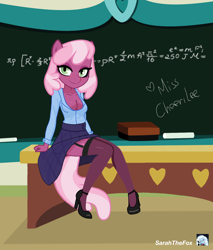 Size: 2550x3000 | Tagged: safe, artist:sarahthefox97, cheerilee (mlp), earth pony, equine, fictional species, mammal, pony, anthro, plantigrade anthro, friendship is magic, hasbro, my little pony, 2023, anthrofied, breasts, cleavage, clothes, female, hair, high heels, high res, mane, mare, pink hair, pink mane, pink tail, purple body, shoes, smiling, solo, solo female, tail