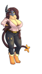 Size: 2160x3840 | Tagged: safe, artist:artheart213, artist:bear213, oc, oc only, oc:kogo (arcanist_black), fakemon, fictional species, anthro, digitigrade anthro, nintendo, pokémon, 2023, absolute cleavage, big breasts, breasts, brown hair, cleavage, female, hair, hips, solo, solo female, tail, thick