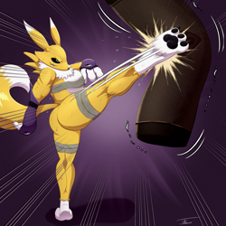 Size: 1920x1920 | Tagged: suggestive, artist:tohilewd, fictional species, renamon, anthro, digitigrade anthro, digimon, 2023, bandage, bedroom eyes, biceps, black nose, black sclera, breasts, butt, colored sclera, digital art, ears, eyelashes, female, fluff, fur, hair, kicking, looking at you, muscles, muscular female, neck fluff, nudity, punching bag, rear view, solo, solo female, thighs, wide hips