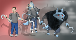 Size: 2629x1402 | Tagged: safe, artist:rimme, death (puss in boots), canine, mammal, wolf, dreamworks animation, puss in boots (movie), puss in boots: the last wish, shrek, human to anthro, male, tail growth, transformation