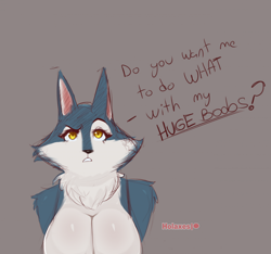 Size: 1984x1857 | Tagged: suggestive, artist:holaxes, porsha crystal (sing), canine, mammal, wolf, anthro, illumination entertainment, sing (film), 2023, bedroom eyes, big breasts, black nose, breasts, dialogue, digital art, ears, eyelashes, female, fluff, fur, hair, looking at you, neck fluff, simple background, sketch, solo, solo female, talking, talking to viewer, text