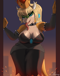 Size: 960x1200 | Tagged: safe, artist:paradoxing5, bowser (mario), fictional species, koopa, reptile, anthro, mario (series), nintendo, 2023, bottomwear, bowsette (mario), breasts, clothes, crown, detailed background, digital art, dress, ears, eyelashes, female, hair, headwear, jewelry, looking at you, open mouth, pose, regalia, rule 63, scales, sharp teeth, solo, solo female, tail, teeth, thighs, tongue, tongue out, wide hips
