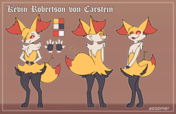 Size: 2380x1548 | Tagged: safe, artist:azoomer, braixen, fictional species, anthro, digitigrade anthro, nintendo, pokémon, 2023, butt, clothes, colored sclera, digital art, ear fluff, ears, fingerless gloves, fluff, fur, gloves, hip fluff, male, open mouth, rear view, red nose, red sclera, reference sheet, shoulder fluff, solo, solo male, starter pokémon, tail, tongue