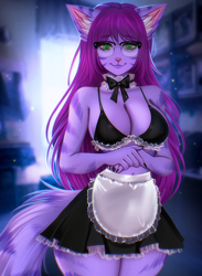 Size: 1024x1400 | Tagged: safe, artist:adorableinall, oc, oc only, cat, feline, mammal, 2023, absolute cleavage, belly button, bikini, bottomwear, bow, bow tie, breasts, cleavage, clothes, commission, digital art, ears, eyelashes, female, hair, looking at you, maid, maid outfit, pink nose, pose, purple hair, simple background, skirt, smiling, solo, solo female, swimsuit, tail, thighs, whiskers, wide hips, ych result