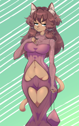 Size: 1526x2415 | Tagged: safe, artist:ranillopa, oc, oc only, cat, feline, mammal, 2023, bedroom eyes, belly button, black nose, bottomwear, breasts, clothes, digital art, dress, ears, eyelashes, female, fur, hair, looking at you, pose, solo, solo female, tail, thighs, wide hips