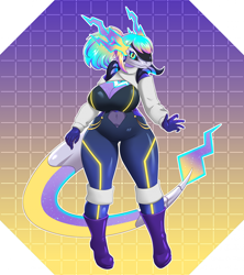 Size: 1810x2036 | Tagged: safe, artist:lexenart, oc, oc only, fictional species, legendary pokémon, miraidon, anthro, digitigrade anthro, pokémon, spoiler:pokémon gen 9, spoiler:pokémon scarlet and violet, 2023, bedroom eyes, big breasts, boots, breasts, clothes, commission, digital art, ears, eyelashes, female, future pokémon, hair, horns, looking at you, paradox pokémon, pose, scales, shoes, simple background, solo, solo female, suit, tail, thighs, wide hips