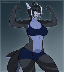 Size: 1000x1111 | Tagged: safe, artist:kitsunewaffles, oc, oc only, fish, shark, 2023, bedroom eyes, belly button, bottomwear, breasts, clothes, commission, digital art, ears, eyelashes, female, fins, fish tail, flexing, hair, hair over one eye, looking at you, pose, scales, shark tail, sharp teeth, shorts, smiling, smiling at you, solo, solo female, sports bra, sports shorts, tail, teeth, thighs, topwear, wide hips