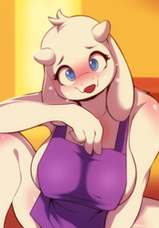 Size: 980x1400 | Tagged: suggestive, artist:wildblur, toriel (undertale), bovid, goat, mammal, undertale, 2023, apron, big breasts, blue eyes, blushing, braless, breasts, clothes, digital art, ears, eyelashes, female, fur, horns, looking at you, mature, mature female, naked apron, nudity, open mouth, open smile, partial nudity, pose, smiling, smiling at you, solo, solo female, tail, thick thighs, thighs, tongue, wide hips