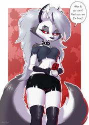 Size: 1202x1700 | Tagged: safe, artist:dazzlekong, loona (vivzmind), canine, fictional species, hellhound, mammal, anthro, hazbin hotel, helluva boss, 2023, bedroom eyes, belly button, black nose, bottomwear, breasts, cell phone, clothes, collar, colored sclera, crop top, dialogue, digital art, ears, evening gloves, eyelashes, female, gloves, hair, legwear, long gloves, looking down, midriff, open mouth, phone, red sclera, shorts, smartphone, solo, solo female, speech bubble, spiked collar, stockings, tail, talking, tank top, text, texting, thighs, tongue, topwear, unamused, wide hips