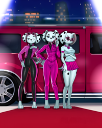 Size: 2000x2500 | Tagged: safe, artist:diacordst, triple-d (101 dalmatian street), canine, dalmatian, dog, mammal, anthro, digitigrade anthro, 101 dalmatian street, 101 dalmatians, disney, 2023, bottomwear, breasts, car, clothes, detailed background, digital art, ears, eyelashes, female, fur, glasses, glasses on head, hummer, jacket, limo, looking at you, older, one eye closed, pants, pose, shirt, skirt, small breasts, solo, solo female, suit, sunglasses, sunglasses on head, tail, thighs, topwear, vehicle, wide hips