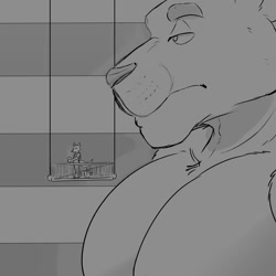 Size: 1280x1280 | Tagged: safe, artist:beepbeepster, oc, big cat, canine, cougar, feline, fox, mammal, anthro, buff, building, chest, looking at someone, macro, macro/micro, male, meme, micro, muscles, muscular male, outdoors, pecs, size difference, staring, windows