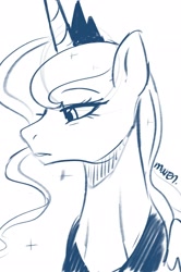 Size: 1362x2048 | Tagged: safe, artist:maren, princess luna (mlp), alicorn, equine, fictional species, mammal, pony, feral, friendship is magic, hasbro, my little pony, 2023, bust, crown, doodle, eyelashes, female, frowning, headwear, horn, jewelry, monochrome, peytral, regalia, signature, simple background, sketch, solo, solo female, sternocleidomastoid, white background