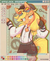 Size: 1589x1944 | Tagged: safe, artist:wavecipher, applejack (mlp), earth pony, equine, fictional species, mammal, pony, feral, friendship is magic, hasbro, my little pony, 2023, aesthetics, bipedal, blonde hair, blonde mane, blonde tail, clothes, female, goggles, hair, looking at you, mane, ms paint, orange body, smiling, smirk, solo, solo female, steampunk, suspenders, tail, webcore