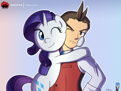 Size: 1000x750 | Tagged: safe, artist:thealjavis, apollo justice (ace attorney), rarity (mlp), equine, fictional species, human, mammal, pony, unicorn, feral, ace attorney, capcom, friendship is magic, hasbro, my little pony, 2023, clothes, commission, commissioner:imperfectxiii, crossover, crossover shipping, female, group, hug, male, male/female, one eye closed, shipping, signature, simple background, varying degrees of want, winking