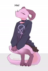 Size: 1815x2719 | Tagged: safe, artist:jarnqk, oc, oc:lya (jarnqk), fictional species, kobold, reptile, anthro, bottomwear, clothes, collar, female, horns, shirt, skirt, solo, solo female, spiked collar, squatting, tail, topwear