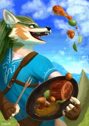 Size: 1693x2411 | Tagged: safe, artist:limnisk, link (wolf form), link (zelda), canine, mammal, wolf, anthro, nintendo, the legend of zelda, the legend of zelda: twilight princess, cooking, male, solo, solo male, tunic