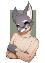 Size: 2500x3467 | Tagged: safe, anonymous artist, oc, oc only, canine, mammal, wolf, anthro, bipedal, black nose, border, clock, clothes, countershade fur, countershade snout, countershading, cute, ear fluff, eyewear, fluff, fur, glasses, gray body, gray eyes, gray fur, green background, high res, looking at you, male, open mouth, pink tongue, simple background, snout, solo, solo male, sweater, tongue, topwear, turtleneck, watch, white body, white border, white fur