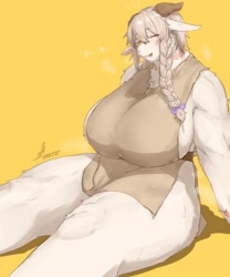 Size: 2500x3000 | Tagged: safe, artist:ch4_n2o, bovid, goat, mammal, anthro, apron, bobcut, braid, breasts, clothes, female, hair, horns, huge breasts, loose hair, naked apron, nudity, partial nudity, sitting, solo, solo female, thick thighs, thighs, wide hips