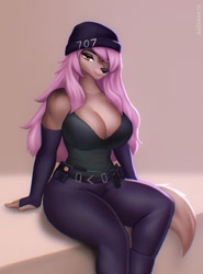 Size: 1187x1600 | Tagged: safe, artist:aozee, oc, oc only, canine, dog, mammal, anthro, 2023, beanie, belly button, big breasts, black nose, blushing, bottomwear, breasts, clothes, commission, detailed background, digital art, ears, evening gloves, eyelashes, female, fingerless gloves, fur, gloves, hair, hair over one eye, long gloves, pants, shirt, sitting, solo, solo female, tail, thighs, topwear, wide hips