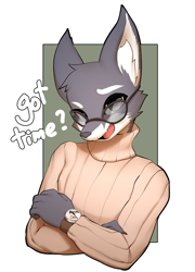 Size: 2500x3467 | Tagged: safe, anonymous artist, oc, oc only, canine, mammal, wolf, anthro, absurd resolution, bipedal, black nose, border, clock, clothes, countershade fur, countershade snout, countershading, ear fluff, english text, eyewear, fluff, fur, glasses, gray body, gray eyes, gray fur, green background, high res, looking at you, male, open mouth, pink tongue, simple background, snout, solo, solo male, sweater, text, tongue, topwear, turtleneck, watch, white body, white border, white fur