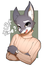 Size: 2500x3467 | Tagged: safe, anonymous artist, oc, oc only, canine, mammal, wolf, anthro, bipedal, black nose, border, clock, clothes, countershade fur, countershade snout, countershading, ear fluff, english text, fluff, fur, gray body, gray eyes, gray fur, green background, high res, looking at you, male, open mouth, pink tongue, simple background, snout, solo, solo male, sweater, text, tongue, topwear, turtleneck, watch, white body, white border, white fur