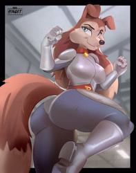 Size: 2600x3300 | Tagged: safe, artist:hinget, colleen (road rovers), canine, collie, dog, mammal, rough collie, anthro, road rovers, warner brothers, 2023, black nose, breasts, butt, clothes, detailed background, digital art, ears, eyelashes, female, fur, hair, rear view, side view, sideboob, solo, solo female, suit, tail, thighs, wide hips
