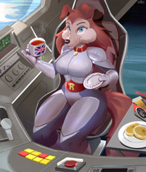 Size: 3050x3600 | Tagged: safe, artist:hinget, colleen (road rovers), canine, collie, dog, mammal, rough collie, anthro, road rovers, warner brothers, 2023, black nose, breasts, chair, clothes, detailed background, digital art, drink, ears, eyelashes, female, food, fur, hair, looking at you, sitting, solo, solo female, suit, tail, tea, teacup, thighs, wide hips