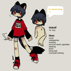 Size: 1837x1837 | Tagged: safe, artist:cinnahun, oc, oc only, cat, feline, mammal, anthro, cream body, cream fur, fur, gray hair, hair, male, red eyes, red shoes, red t-shirt, reference sheet, solo, solo male
