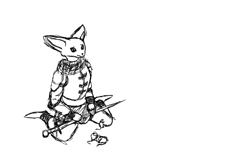 Size: 1187x747 | Tagged: safe, anonymous artist, canine, fennec fox, fox, mammal, mouse, rodent, black and white, fur, grayscale, kneeling, monochrome, simple background, sketch, solo, white background, white body, white fur