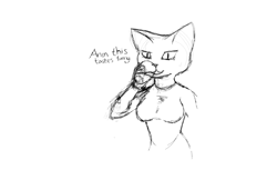 Size: 1245x764 | Tagged: safe, anonymous artist, oc, oc only, cat, feline, mammal, anthro, 4chan, drinking, female, glass, simple background, sketch, solo, solo female, white background
