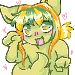 Size: 600x600 | Tagged: safe, anonymous artist, mammal, anthro, ambiguous gender, cute, cute little fangs, fangs, fur, green body, green eyes, green fur, green hair, hair, multicolored hair, oekaki, open mouth, open smile, pixel art, simple background, smiling, solo, solo ambiguous, teeth, two toned hair, white background, yellow hair