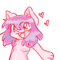 Size: 600x600 | Tagged: safe, anonymous artist, oc, oc only, mammal, anthro, blue tongue, colored tongue, cute, cute little fangs, fangs, female, fur, hair, heart, oekaki, open mouth, open smile, pink body, pink fur, pink hair, pixel art, simple background, smiling, solo, solo female, teeth, tongue, white background