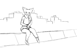 Size: 1269x792 | Tagged: safe, anonymous artist, cat, feline, mammal, anthro, black and white, bottomwear, clothes, female, grayscale, monochrome, shoes, shorts, sitting, sketch, solo, solo female