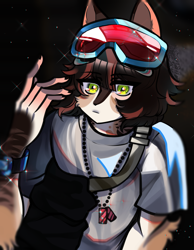 Size: 1476x1905 | Tagged: safe, anonymous artist, cat, feline, mammal, anthro, brown hair, clothes, goggles, goggles on head, hair, humanoid hands, leaning forward, male, shirt, solo, solo male, t-shirt, topwear, unamused
