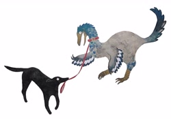 Size: 3819x2659 | Tagged: safe, artist:nihonga_dino, canine, dinosaur, dog, feathered dinosaur, mammal, feral, ambiguous gender, ambiguous only, black body, black fur, duo, duo ambiguous, feathers, fur, leash, simple background, white background