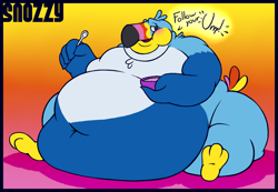 Size: 1280x888 | Tagged: safe, artist:snozzy, toucan sam (kellogg's), bird, toucan, kellogg's, 2015, beak, belch, belly button, blushing, cereal, cereal bowl, chubby cheeks, embarrassed, fat, froot loops, half closed eyes, hyper, looking at you, male, moobs, morbidly obese, open beak, open mouth, solo, solo male, spoon, weight gain