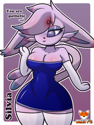 Size: 1500x2000 | Tagged: safe, artist:zerlix_fox, eeveelution, espeon, fictional species, mammal, anthro, nintendo, pokémon, 2022, anthrofied, blue clothing, blue dress, border, bottomwear, breasts, cleavage, clothes, digital art, dress, ear fluff, ears, eyelashes, female, fluff, fur, hair, hair over one eye, legwear, outline, pink body, pink fur, pose, solo, solo female, stockings, talking, thighs, white border, white outline, wide hips