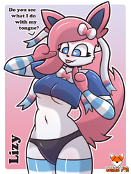 Size: 1500x2000 | Tagged: safe, artist:zerlix_fox, eeveelution, fictional species, mammal, sylveon, anthro, nintendo, pokémon, 2022, anthrofied, belly button, bottomwear, breasts, clothes, crop top, cropped shirt, digital art, ears, eyelashes, female, hair, legwear, looking down, midriff, panties, pose, ribbon, shorts, solo, solo female, stockings, tank top, thighs, topwear, underboob, underwear, wide hips