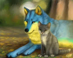 Size: 1280x1024 | Tagged: safe, artist:magistra, canine, cat, feline, mammal, wolf, feral, 2012, ambiguous gender, ambiguous only, blue body, blue fur, detailed background, digital art, digital painting, duo, duo ambiguous, fur, gray body, gray fur