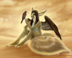 Size: 1280x1024 | Tagged: safe, artist:magistra, bird, bird of prey, falcon, feline, mammal, anthro, feral, lifelike feral, 2012, ambiguous gender, brown feathers, brown wings, duo, feathers, female, fur, looking at another, non-sapient, realistic, sand, sitting, wings, yellow body, yellow fur, yellow sky