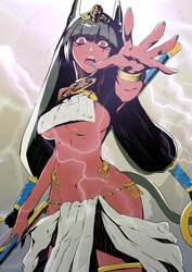 Size: 724x1024 | Tagged: safe, artist:oge_sika, cleopatra (metal slug attack), animal humanoid, fictional species, mammal, humanoid, metal slug, metal slug attack, snk, 2017, belly button, black hair, bra, bracelet, breasts, cat ears, claws, clothes, collar, egyptian, female, hair, hair ornament, jewelry, lightning, loincloth, long hair, makeup, red eyes, red skin, simple background, solo, solo female, underboob, underwear