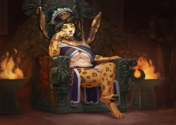 Size: 1100x778 | Tagged: safe, artist:conqista, big cat, feline, jaguar, mammal, anthro, breasts, crossed legs, female, headdress, huge breasts, sitting, solo, solo female, thick thighs, thighs, throne, tribal outfit, underboob, wide hips