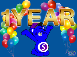 Size: 2048x1530 | Tagged: safe, artist:mrstheartist, oc, oc only, oc:creative bear, bear, fictional species, mammal, semi-anthro, care bears, care bears: unlock the magic, balloon, belly badge, birthday, blue background, blue body, blue fur, bright colors, care bear, fur, kneeling, male, simple background, solo, solo male, symbol