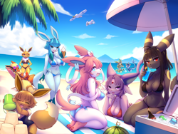 Size: 2000x1500 | Tagged: safe, artist:crunchobar, artist:cruncholewd, eevee, eeveelution, espeon, fictional species, flareon, glaceon, jolteon, leafeon, mammal, sylveon, umbreon, vaporeon, wingull, anthro, digitigrade anthro, nintendo, pokémon, 2023, absolute cleavage, anthrofied, beach, beach blanket, beach umbrella, belly button, big breasts, bikini, black bikini, black body, black fur, black swimsuit, blonde hair, blue bikini, blue hair, blue swimsuit, breasts, brown hair, butt, cleavage, clothes, digital art, ears, eyelashes, female, females only, fluff, fur, green bikini, green swimsuit, hair, kneeling, looking at you, looking back, looking back at you, neck fluff, one-piece swimsuit, open mouth, partially submerged, pink hair, pose, purple bikini, purple swimsuit, red bikini, red swimsuit, ribbons (body part), sarong, splashing, swimsuit, tail, thick thighs, thighs, tongue, umbrella, wide hips