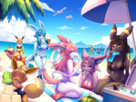 Size: 2000x1500 | Tagged: safe, artist:crunchobar, eevee, eeveelution, espeon, fictional species, flareon, glaceon, jolteon, leafeon, mammal, sylveon, umbreon, vaporeon, wingull, anthro, digitigrade anthro, nintendo, pokémon, 2023, absolute cleavage, anthrofied, beach, beach blanket, beach umbrella, belly button, bikini, breasts, cleavage, clothes, digital art, ears, eyelashes, female, females only, fluff, fur, hair, kneeling, looking at you, looking back, looking back at you, neck fluff, one-piece swimsuit, open mouth, partially submerged, pose, ribbons (body part), sarong, splashing, swimsuit, thighs, tongue, umbrella, wide hips