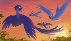 Size: 640x373 | Tagged: safe, artist:emiton, jewel (rio), roberto (rio), bird, macaw, parrot, spix's macaw, feral, blue sky studios, rio, 2023, 2d, cute, female, flying, group, low res, male, smiling, sun, sunset, young