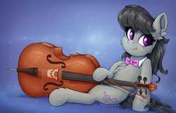 Size: 2185x1401 | Tagged: safe, artist:zeepheru_pone, octavia melody (mlp), earth pony, equine, fictional species, mammal, pony, feral, friendship is magic, hasbro, my little pony, 2023, black hair, black mane, black tail, bow, bow (instrument), bow tie, cello, chest fluff, clothes, cute, ear fluff, female, fluff, fur, gray body, gray fur, hair, looking at you, mane, mare, musical instrument, sitting, smiling, solo, solo female, tail