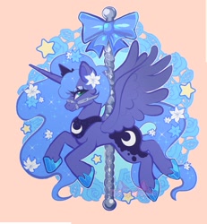 Size: 1353x1466 | Tagged: safe, artist:necromeowncer, princess luna (mlp), alicorn, equine, fictional species, mammal, pony, feral, friendship is magic, hasbro, my little pony, 2023, 2d, bow, bridle, carousel, crown, cute, female, flower, headwear, horn, jewelry, looking at you, mare, peytral, plant, regalia, simple background, solo, solo female, sparkly hair, sparkly mane, spread wings, stars, tack, tail, wings