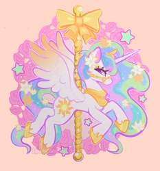 Size: 1356x1458 | Tagged: safe, artist:necromeowncer, princess celestia (mlp), alicorn, equine, fictional species, mammal, pony, feral, friendship is magic, hasbro, my little pony, 2023, 2d, bow, bridle, carousel, cute, female, flower, hoof shoes, horn, looking at you, mare, peytral, plant, pole, solo, solo female, spread wings, tack, tail, ungulate, wings