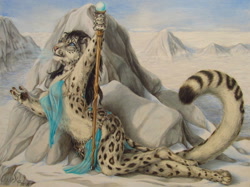 Size: 1514x1135 | Tagged: suggestive, artist:teiirka, big cat, feline, mammal, snow leopard, anthro, 2012, black hair, blue eyes, breasts, clothes, ears, female, fur, hair, loincloth, mountain, outdoors, paws, see-through, signature, snow, solo, solo female, spots, spotted fur, staff, tail, traditional art, white body, white fur